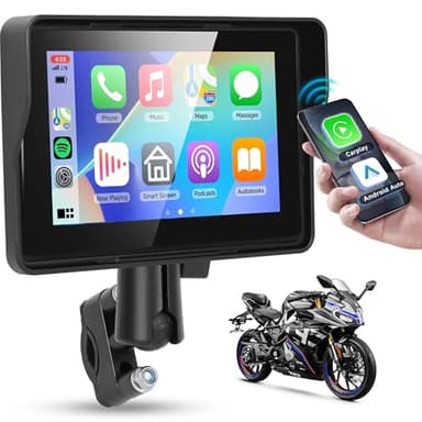 Rimoody Carplay Sans Fil Android Auto, Écran Tactile 5 Pouces Portable pour Moto, Autoradio avec Airplay/Android Cast/Bluetooth/Navigation/IP67 Étanche