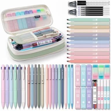 Four Candies Lot de 56 articles pour l'école avec grande trousse, 6 stylos à bille colorés, 12 surligneurs pastel, 5 stylos gel encre noire, 9 porte-mines de 0,5 à 2,0 mm