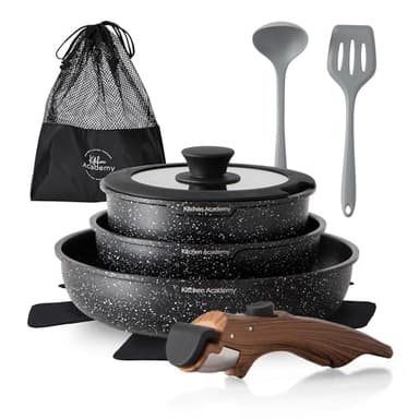 Kitchen Academy Lot de 10 Casseroles avec Couvercles en Verre et Revêtement en Marbre et Revêtement Anti-adhésif Compatible Induction Poignée Lisse et Veinée Noir