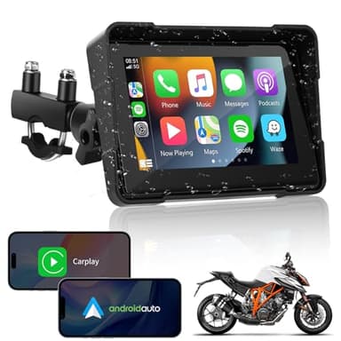 Gerbala Écran de voiture CarPlay et Android sans fil de 5 pouces pour moto, écran tactile IPS portable, Bluetooth/GPS/commande vocale, étanchéité IP67, prise en charge Siri/Google Assistant