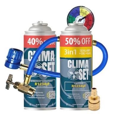 ClimaSet Recharge clim R1234yf + 3en1 gaz clim r1234yf - 2x235 g avec Tuyau, Manomètre et Adaptateur HP/LP - Climatisation - Climatiseur voiture - Recharge climatisation voiture - ECO