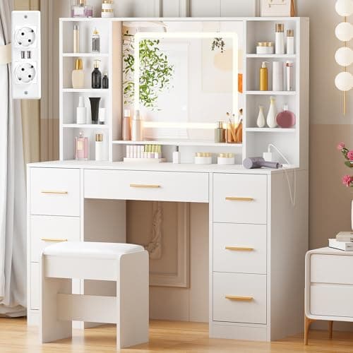 ANWBROAD Grande Coiffeuse avec Miroir et Tabouret Éclairage LED Réglable 3 Couleurs et Prises Blanche Moderne 7 Tiroirs 4 Étagères Rangement Ouvertes Coiffeuse 140x100x40cm BDT65W