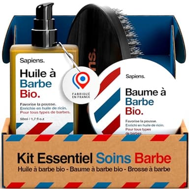 Sapiens Barbershop Kit Soin Barbe Homme - Huile Barbe Bio + Baume Barbe Bio + Brosse en Poils de Sanglier - Essentiels de soin pour barbe Made in France