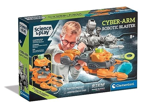 Clementoni Science & Play 75086 Bras Cyber Blaster, Gant robotique Qui Tire des disques Souples, Jouets scientifiques, kit d'expérience, 8 Ans, Version Anglaise, fabriqué en Italie