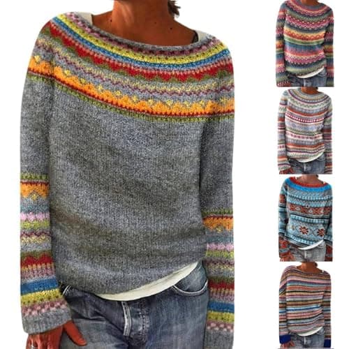 Pull Fairisle pour femme – Pull islandais pour femme – Pull d'hiver chaud en tricot doux ample et confortable à col rond pour femme – Pull de Noël à manches longues pour femmes, Z02Jaune, 5XL