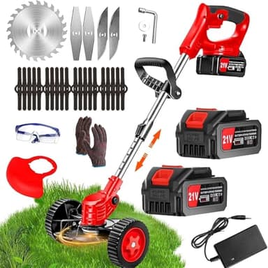 Débroussailleuse Electrique sans Fil 21V 4.0Ah Coupe Bordure avec 2 Batterie et Chargeur Taille Bordure avec Roues & 3 Types De Lames,Légère à Faible Bruit pour La Coupe De Jardin, Pelouses Arbustes