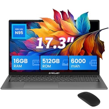 TECLAST Ordinateur Portable 17.3 Pouces, 16GB RAM 512GB SSD PC Portable, Intel N95 Laptop, WiFi 5, BT5, Webcam, Clavier Rétroéclairé, Fente Antivol pour Ordinateur Portable, Souris sans Fil Incluse