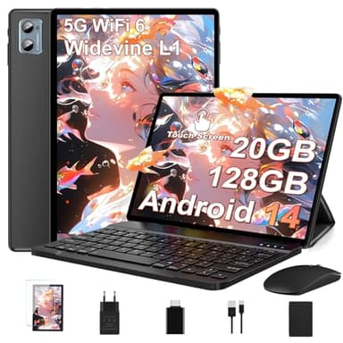 Tablette 10 Pouces Android 14 Tablettes avec 20Go RAM+128Go ROM(TF Extensible 2To), WiFi 6, 5G+2.4G WiFi, Octa-Core, Widevine L1, Bluetooth5.0, GMS Tablette Tactile avec Clavier+Souris et Cas-Noir