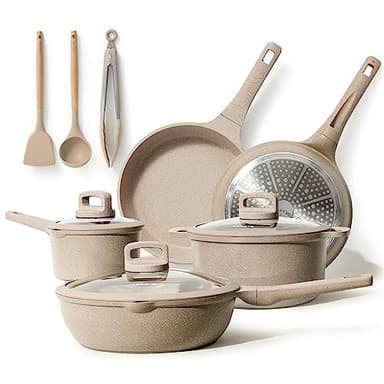 CAROTE Lot Poele et Casserole Induction, Poêles Antiadhésif 24/28cm, Casserole 4,3/1,4L, Sauteuse 28cm, Batterie de Cuisine Induction avec Couvercle, Spatule, Cuillère, Pince Cuisin