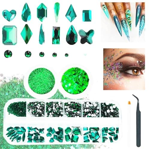 Lot de 3 boîtes de strass verts émeraude avec paillettes fines, 60 grandes pierres précieuses assorties pour ongles avec pierres rondes S6-S16 à dos plat, cristaux pour nail art, fournitures pour le