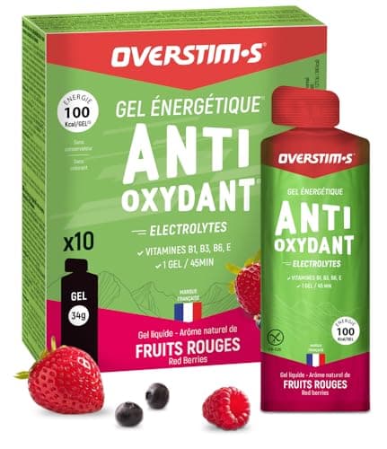 Overstim.s - Gel Antioxydant (10 sachets) - Gel énergétique pour le sport - Limite les crampes - Energie durable - Electrolytes (magnésium, sodium) - Réduit la fatigue - 100 kcal/gel - Fruits Rouges
