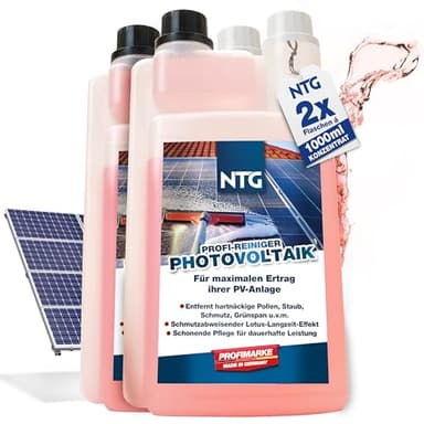 NTG Lot de 2 nettoyants concentrés pour panneaux solaires très efficaces (1000 ml) - Nettoyant photovoltaïque extra puissant pour installations photovoltaïques et centrales de balcon - Nettoyant pour