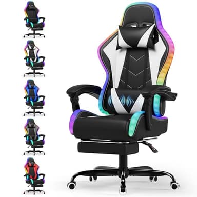 Devoko Chaise Gaming Ergonomique avec LED RGB, Massage Lombaire & Repose-Pieds – Fauteuil Gamer avec Appui-tête réglable – Dossier inclinable & Hauteur Ajustable – 180 kg – Blanc