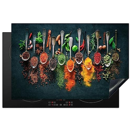KitchenYeah© Protege Couvre Plaque De Cuisson Décoration Cuisine Tapis Protection Protecteur Induction 80x52 cm Herbes - Epices - Cuillères
