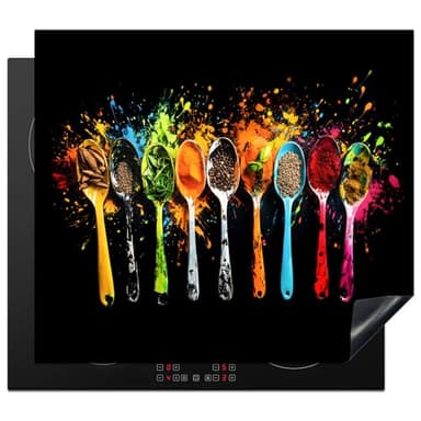 KitchenYeah© Protege Plaque Induction 60x52 cm Decoration Cuisine Tapis de Protection Pour Plan De Travail Cuisson Protégé Cuillères - Épices - Modern - Graffiti - Coloré