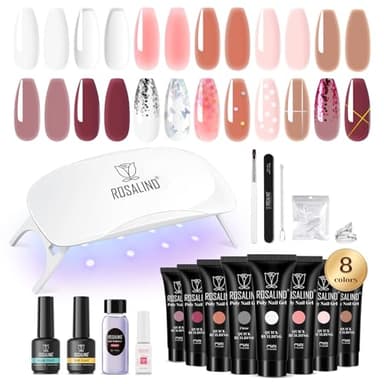 ROSALIND Kit Ongle Gel UV Complet, 8*10ml Poly Extension d'ongles en Gel Complet Kit Avec Lampe UV, Base & Top Coat Gel et Outils de Manucure, DIY Nail Art Ongles Gel Kit pour Débutant