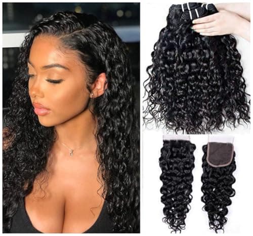 Vanmast Tissage Bresilien Bouclés avec Closure Water Wave Bundles Human Hair Tissage Cheveux Humain Bresilien Curly en Lot Avec Closure Extension Cheveux Naturel Tissage en Lot 12 14 16+10 Pouce