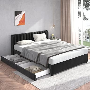 Lit Coffre 180x200 avec sommier à Lattes et 2 tiroirs,lit 2 Personnes,lit capitonné 180x200 avec rangements,lit Double Velours 180x200,Parure de lit Adulte 180x200,Cadre de lit,lit Double Adulte,Noir