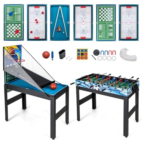 GOPLUS 14-en-1 Table Babyfoot, Table de Jeu Combinée avec Basketball, Billard, Baby-Foot, Tennis de Table, Hockey, Shuffleboard, Bowling, Échecs, Dames, Backgammon, Morpion,109 x 58 x 152 cm