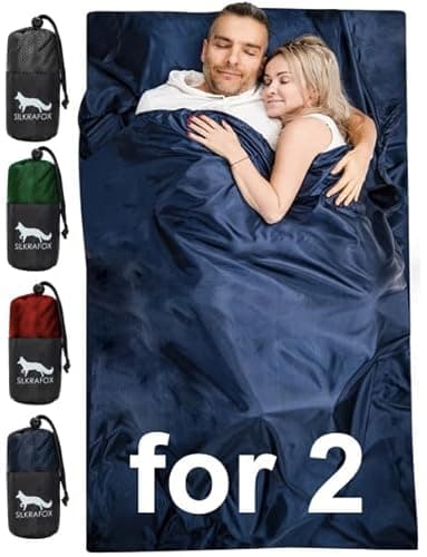 Silkrafox Compact pour 2 Double Sac Couchage Ultra léger, Drap de Sac de Couchage 2 Personnes d'été, Incrustation en Microfibre, Soie Artificielle, Ultralight, coutil, Bleu