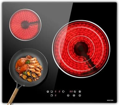 NOXTON Plaque de cuisson en céramique intégrée 3 feux, Table de cuisson électrique en verre cristal noir avec commande tactile, Minuterie, verrouillage pour enfants, 5700w, pas de prise incluse