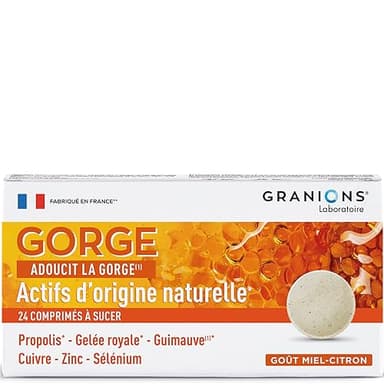 GRANIONS Gorge | Complement alimentaire | Mal de gorge, fonctionnement normal du système immunitaire | Propolis + Gelée royale + Guimauvre | Goût miel-citron | Marque FR | 24 comprimés
