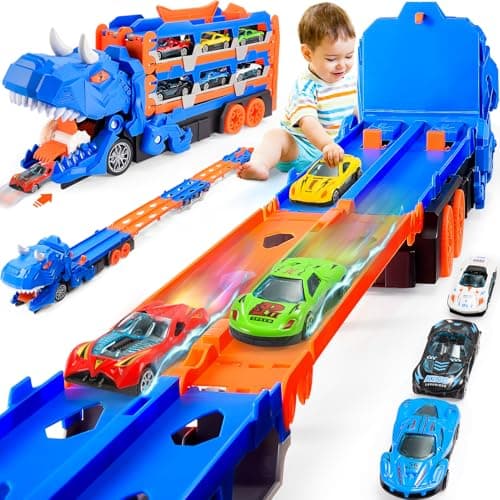 iKidiki Camion Dinosaure Jouet, Circuit Voiture Enfant Jouet Enfant 2 3 4 5 6 Ans Garcon Cadeau Garcon 2 3 4 5 6 Ans, 150 CM Camion de Transport Dinosaure avec 6 Mini Voitures