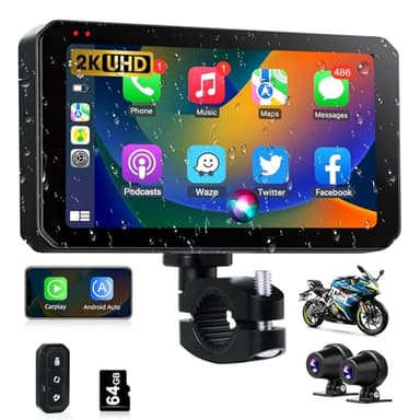 Vtopek Moto Carplay Android Auto sans Fil Portable 5,5" Carplay Moto avec 2K Double Caméra IP67 Étanche Car Play Écran avec Dual BT Navigation GPS Siri Mode Mains Libres Commande Filaire Carte 64G-TF