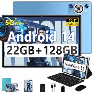 DEERTiME 2025 Newest Tablette Android 14,Tablette 10.1 Pouces 22Go RAM+128Go ROM(TF 1To),8 Cœurs 2.0GHz,5G WiFi Tablette GMS,8000mAh/WideVine L1/FHD/BT5.0/GPS/Tablette 2 en 1 avec Clavier Souris-Bleu