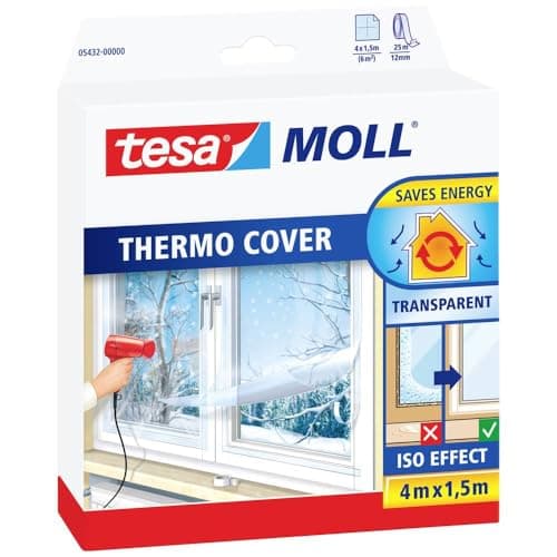 tesa Calfeutrer Film de Survitrage - Film Isolant Transparent pour Fenêtres - Ruban Adhésif Double Face d'Installation inclus - 4 m x 1,5 m