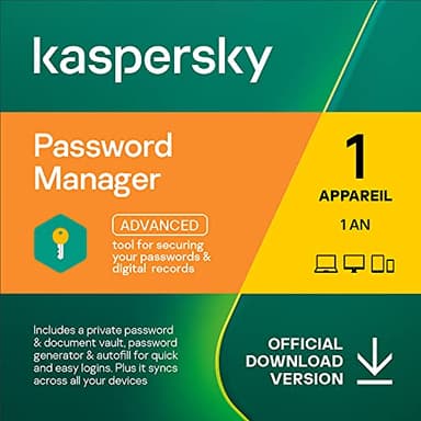 Kaspersky Password Manager | Nombre d'appareils illimité | 1 Compte Utilisateur | 1 An | Windows/Mac/Android/iOS | Code d’activation – Envoi par Email