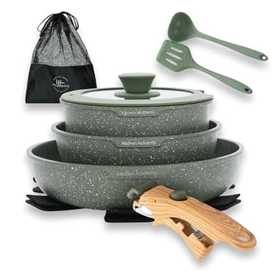 Kitchen Academy Lot de 10 Casseroles et Poêles, Poignée Amovible,Couvercles en Verre et Revêtement en Marbre et Revêtement Anti-adhésif Compatible Induction Poignée Lisse et Veinée Verts