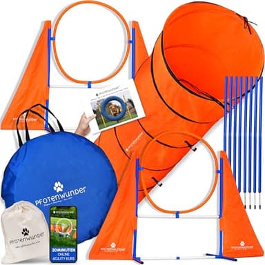 PfotenWunder® Set d'agility pour Le Chien Profesional + 8 Barres de Slalom, 1 XXL-Tunnel, pour Petits et Grands Chiens, équipement d'entraînement Jouets Parcours Sport Outils d'agilité