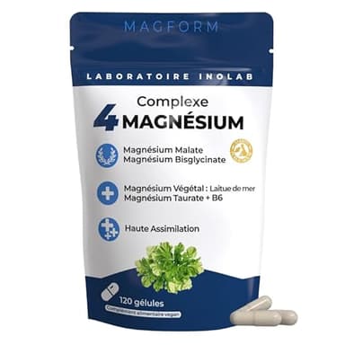 INOLAB 4 MAGNESIUM Bisglycinate + Malate + Végétal + chélaté Taurine| 1980mg/jour & B6 | 300mg Mg pur/jour |Tolérance et Assimilation supérieures au Mg Marin
