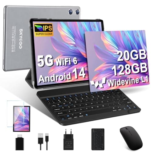 Tablette Android 14 avec 5G Wi-Fi 6, 20 GO RAM+128 GO ROM (Extensible Jusqu'à 1 To), Tablette Tactile avec Widevine L1, 8 Cœurs, 5MP+8MP, Tablette 10 Pouces avec Clavier+Souris et Cas, Gris Doux