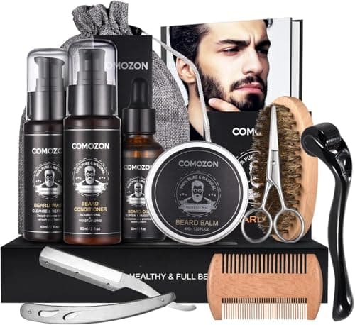 Kit Barbe Homme Complet 12 en 1, Kit de Soin Barbe Homme avec Rouleau Barbe Contenir Huile Barbe, Shampoing Barbe,Crèmes de Barbe, Peigne Barbe,Ciseaux Barbe,Brosse à Barbe, Rasoir, 10 lames Barbe