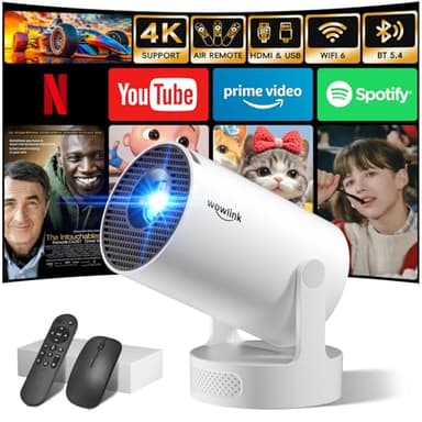 [Apps intégrées & 2025 Upgraded] Vidéoprojecteur avec WiFi 6 et Bluetooth 5.4 Mini Projecteur Supporte 4K 1080P Auto Keystone Rotation 180° Compatibile avec HDMI/TV Stick/Memory Stick/Laptop, Blanc