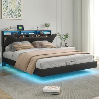 LLODERY Lit double rembourré, 160 x 200 cm, cadre flottant, avec lumières LED et port USB, lit gonflable, avec tête de lit réglable en hauteur, lit à sommier tapissier en polyuréthane, sans matelas