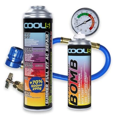 Cool5 Kit de réparation de climatisation d'été complet AC 5 en 1 (R134a de rechange de gaz) avec tuyau de mesure - Pour voitures 1995-2016, 290 g + 70 % de produit Refreshing Bomb