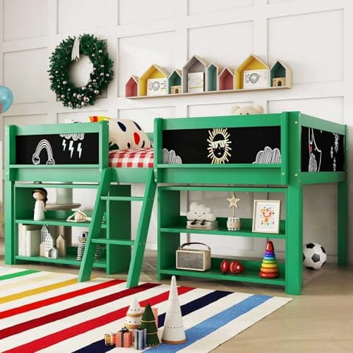 YEHTOKHOME Lit en pin 90x200cm avec étagère de Rangement et échelle,Multifonctionnel lit à mi-Hauteur avec Planche à Dessin,lit Simple avec Garde-Corps(sans Matelas) (Vert)