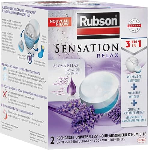 Rubson Sensation Relax Recharges universelles pour absorbeur d'humidité parfum lavande (2 x 300 g) – Recharges 3 en 1 anti-humidité, anti-odeur et agréable parfum