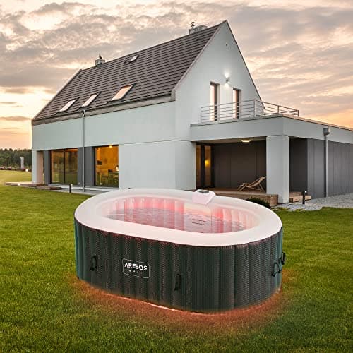 Arebos Spa Gonflable avec éclairage LED | Gonflable | Intérieur & Extérieur | 190x120 cm Ovale | 2 Personnes | 90 Jets de Massage | avec Chauffage | 550 litres | Couverture Incluse | Bubble Spa