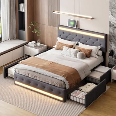 Lit Double 180 x 200 cm, Lit Double rembourré avec LED et USB, Lits capitonné avec 4 tiroirs et sommier à Lattes, Lits avec Espace de Rangement, en Lin, Gris, sans Matelas