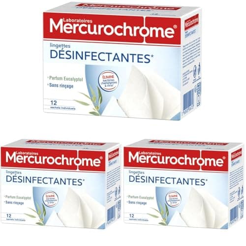 MERCUROCHROME - Lingettes Désinfectantes Individuelles - Eliminent Bactéries Champignons/Virus - 12 Sachets (Lot de 3)