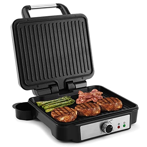 YASHE Grille Électrique à Viande, 4 Tranches de Grill Panini avec Plaques Revêtues Antiadhésives, Contrôle de Température, Voyant Lumineux, Ouverture à 180 Degrés, Plateau d'égouttage amovible, 1800W