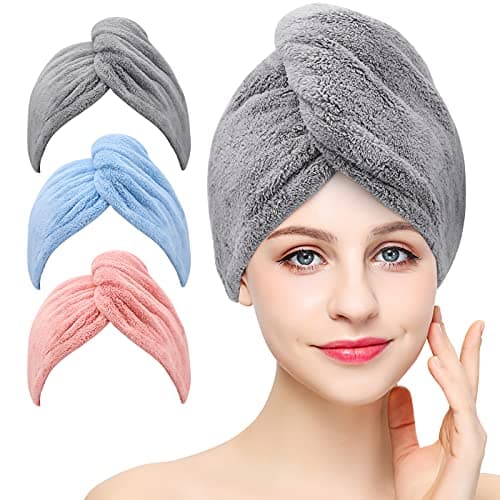 Laicky 3 Pièces Serviette Microfibre Cheveux, Serviette Cheveux Sechage Rapide de Super Doux et Absorbant, Turban torsadé, avec Boutons, Boucle de Bain, Bonnet pour Cheveux secs (Gris, Rose, Bleu)