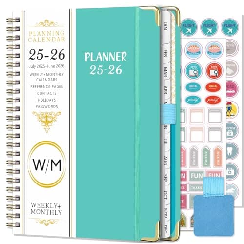 NEYSA Agenda 2025 2026 Semainier Spirale de Juillet 2025 - Juin 2026 (12 mois) A5 Agenda Scolaire semainier et mensuel Avec Autocollants de plan, boucle de stylo, pochette (Bleu)