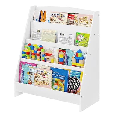 Lestarain Bibliothèque Étagère à Livres Enfants avec 4 Niveaux de Compartiments Ouvert, Meuble de Rangement pour Enfants avec Présentoir Frontal, 61x30x70cm, Blanc