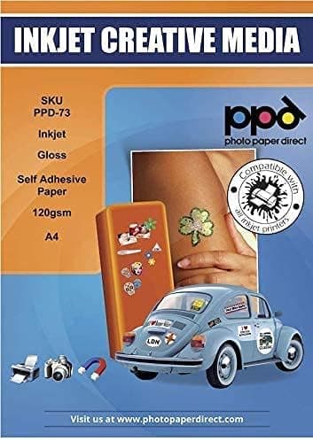 PPD 50 Feuilles x A4 Papier Photo Autocollant Brillant, Personnalisable, Imprimable Jet d'Encre, Etiquètes Premium 120 g/m² PPD-73-50