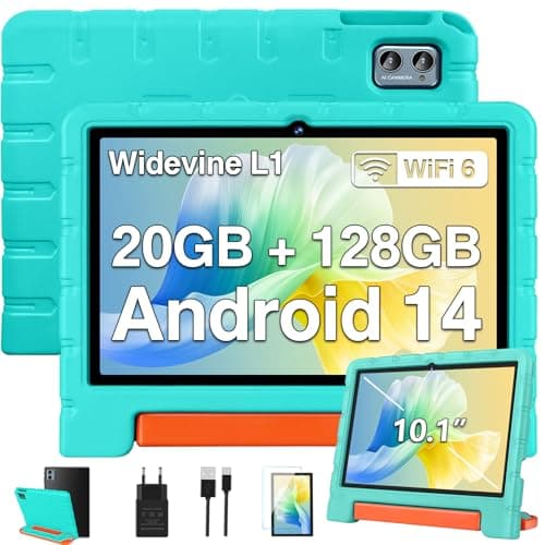 ZIOVO Tablette Enfants 10 Pouces Android 14 Tablette Enfants,20Go RAM+128Go ROM(TF 1To),Widevine L1,WiFi 6 Tablette,Octa-cœur,6000mAh|5+8MP|BT 5.0 |Contrôle Parental Tablettes avec EVA Cas-Vert